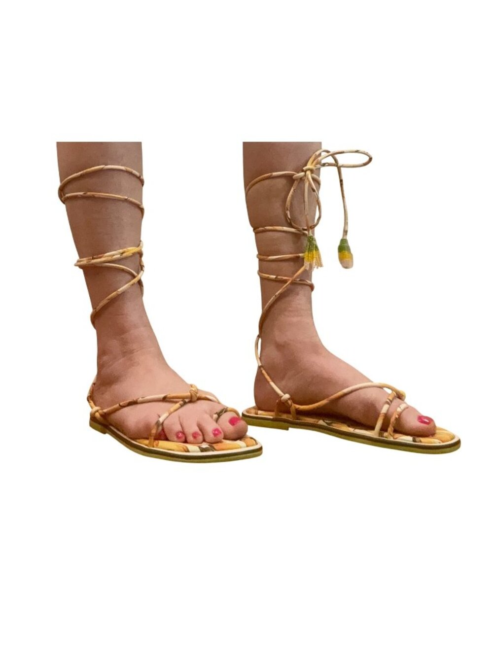 Farm Rio Banana Tropical Brazil Ankle Wrap Sandals Beaded Tassels US 8 EU 39 New